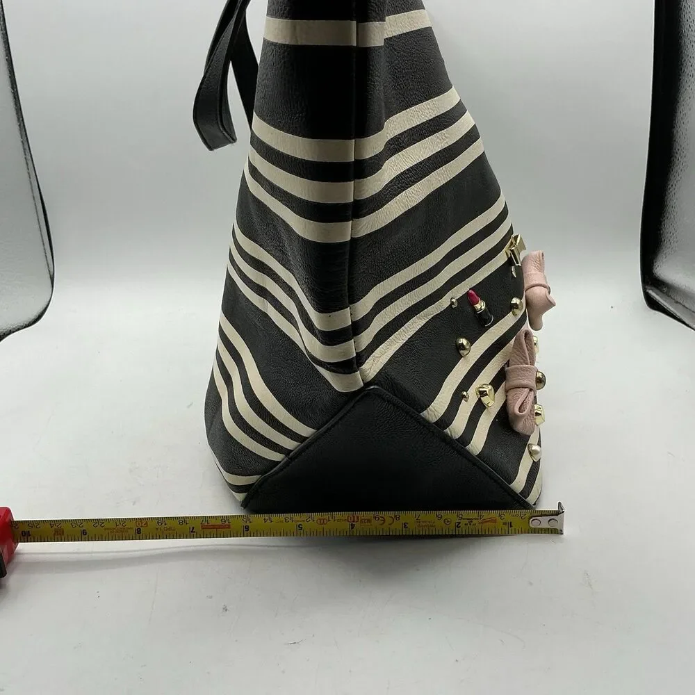 Betsey Johnson Black White Stripe Large Tote Bag Bows Hearts Lipstick Charms